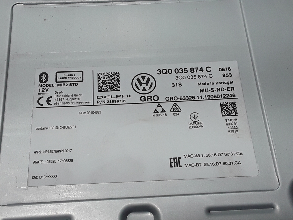 VOLKSWAGEN Tiguan 2 generation (2016-2024) Music Player Without GPS 3Q0035874C 21069495